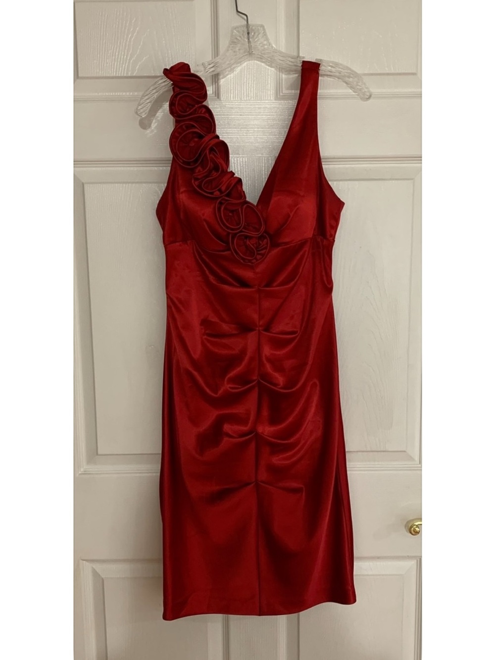 Xscape Red One-Shoulder Satin Dress with Rosette Trim